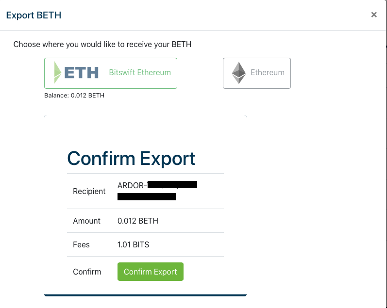 BETH Confirm export