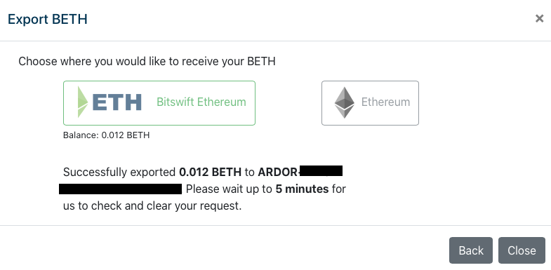 BETH Export confirmation
